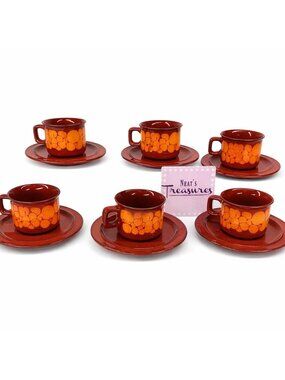 Hutschenreuther Germany HUT1213 Red Orange Floral Ceramic Cups & Saucers Set 6